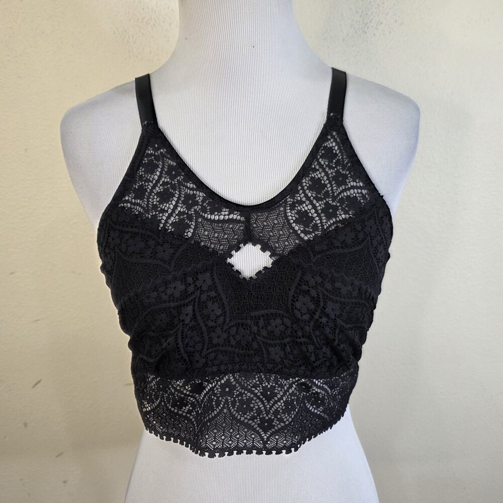 Aerie Bralette Womens Medium Black Lace Racerback Lined Wireless Pullover